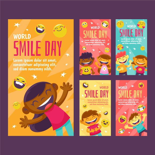 Hand drawn flat world smile day instagram stories collection