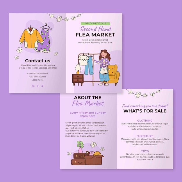 Hand drawn flea market shopping brochure template