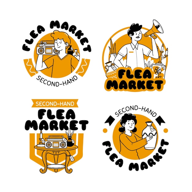 Hand drawn flea market shopping labels collection