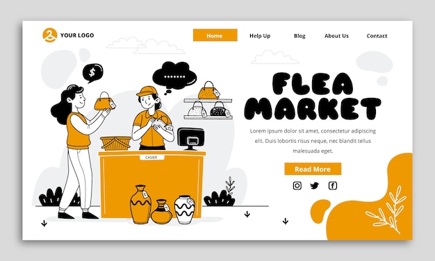 Hand drawn flea market shopping landing page template