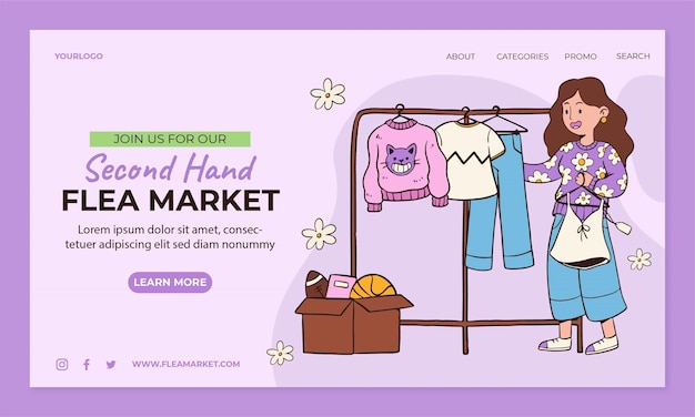 Hand drawn flea market shopping landing page template