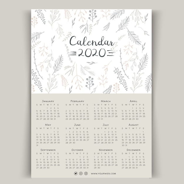 Free vector hand drawn floral calendar 2020 template