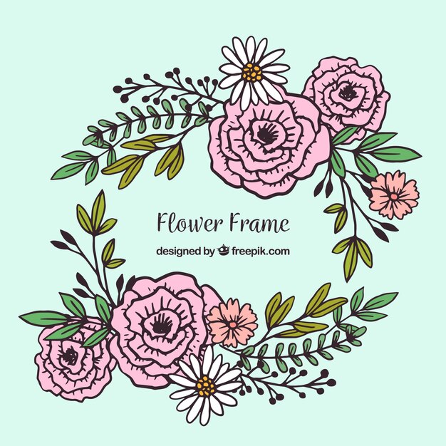 Hand drawn floral frame with roses and daisies