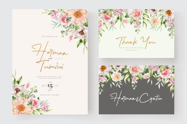 hand drawn floral and leaves invitation card set