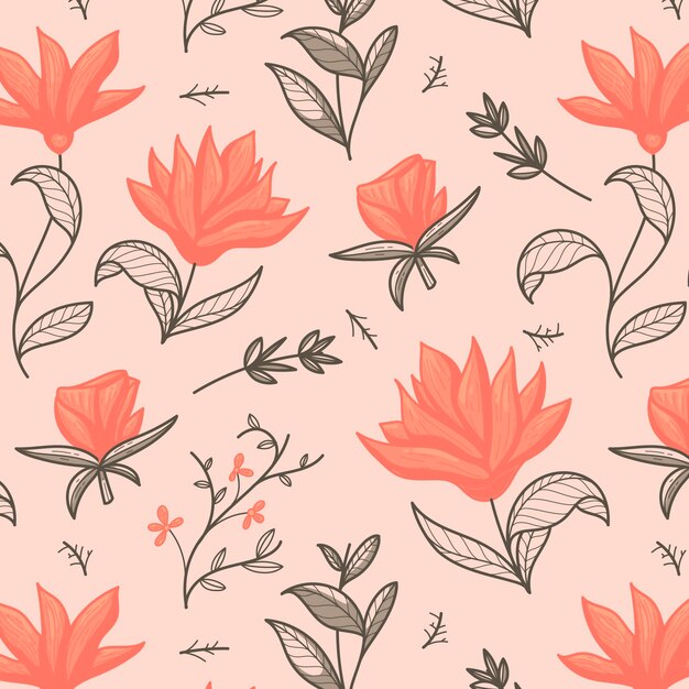 Hand drawn floral pattern in peach tones