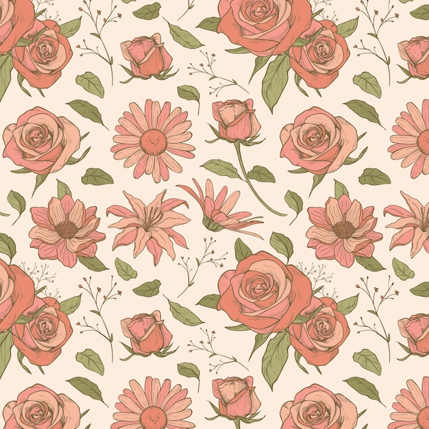 Hand drawn floral pattern in peach tones