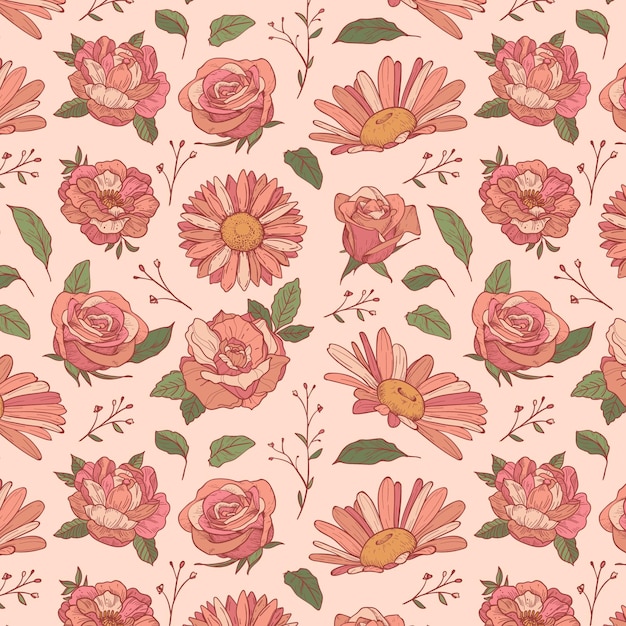 Hand drawn floral pattern in peach tones