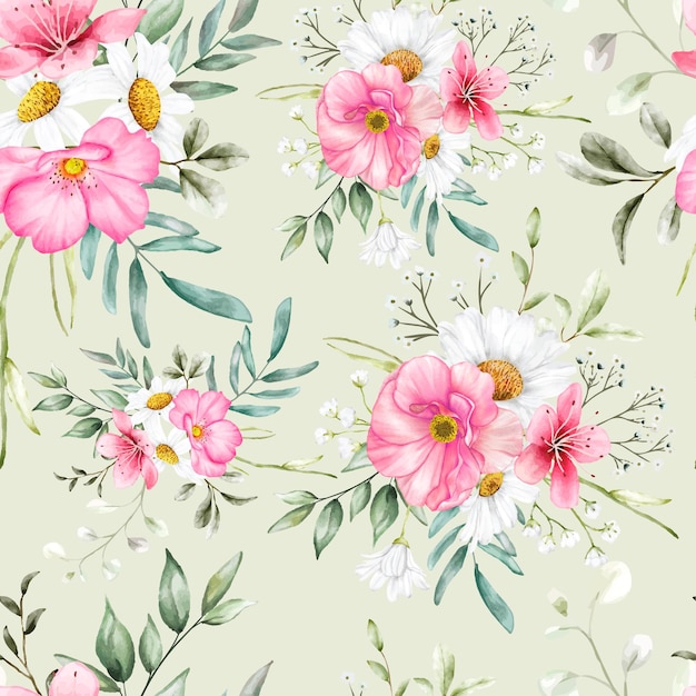 Hand drawn floral pattern in pink and white tones