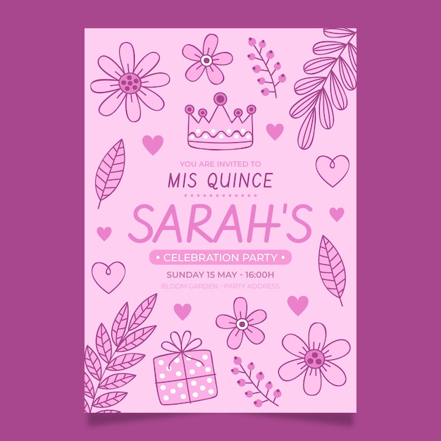 Hand drawn floral quinceañera invitation template