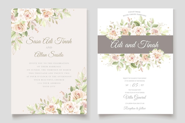 hand drawn floral roses wedding invitation card set