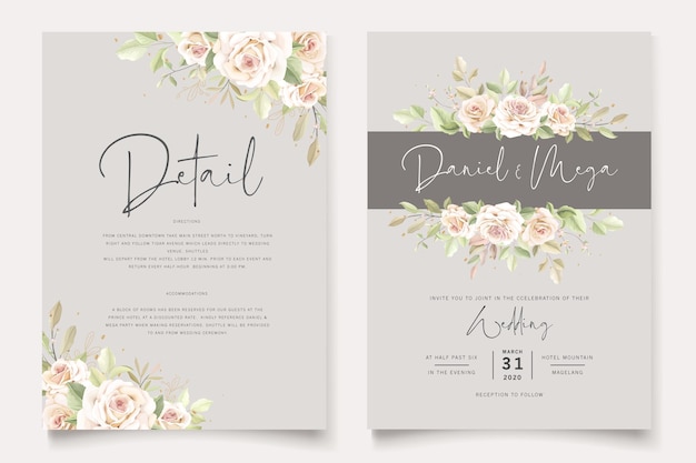 hand drawn floral roses wedding invitation card set