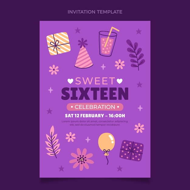 Free vector hand drawn floral sweet 16 invitation template