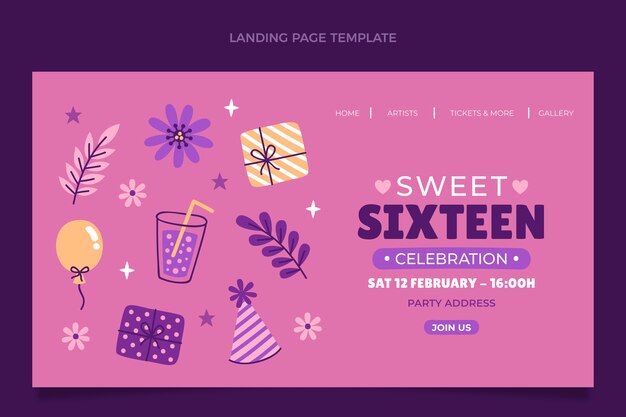 Hand drawn floral sweet 16 landing page template