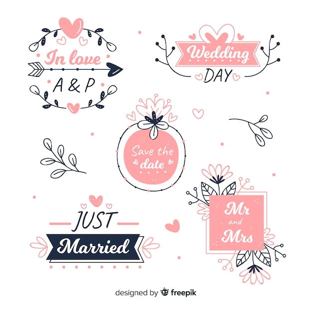 Hand drawn floral wedding badges collection