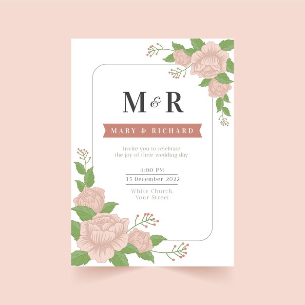 Hand drawn floral wedding invitation template