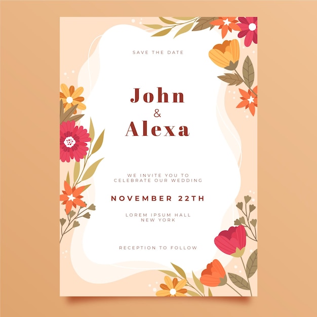 Hand drawn floral wedding invitation template