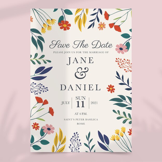 Hand drawn floral wedding invitation template