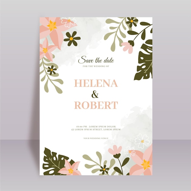 Hand drawn floral wedding invitation template