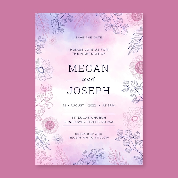 Hand drawn floral wedding invitation template