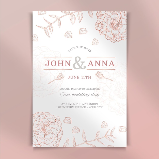 Hand drawn floral wedding invitation template