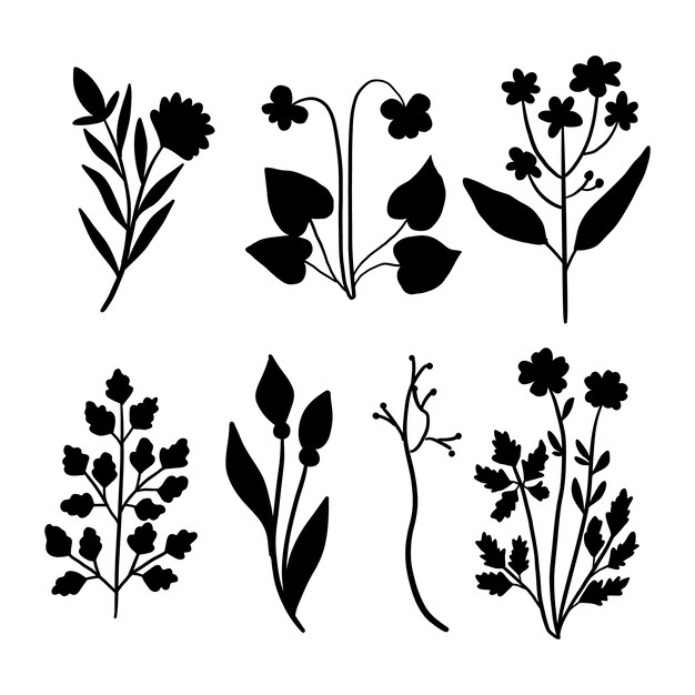 Hand drawn flower silhouette set