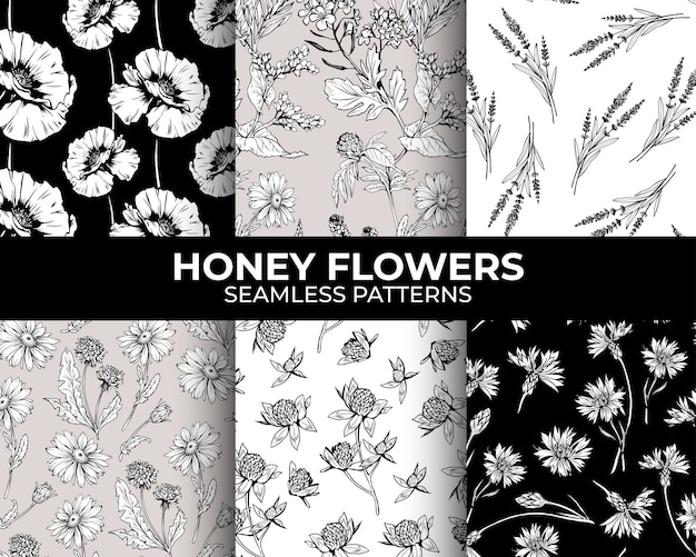 Hand drawn flowers seamless patterns collection