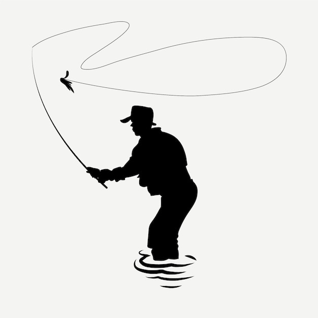 Hand drawn fly fisherman silhouette