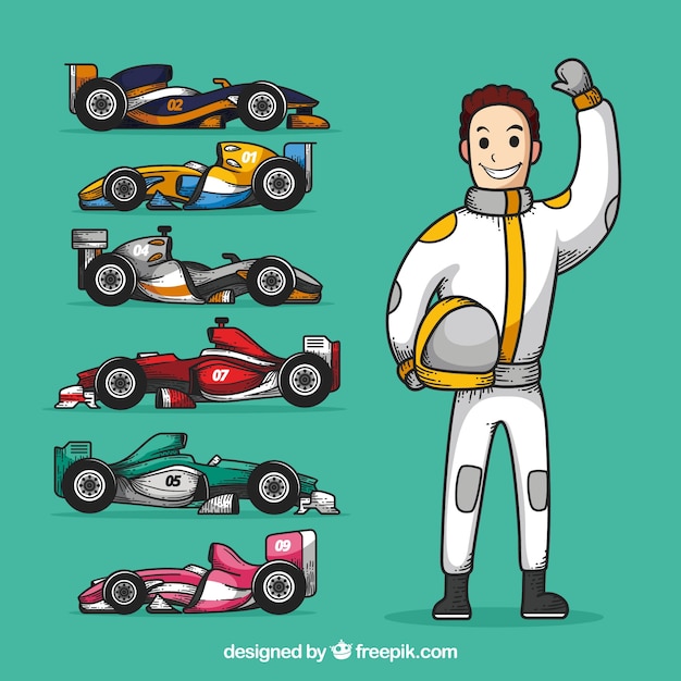 Free vector hand drawn formula 1 racing character