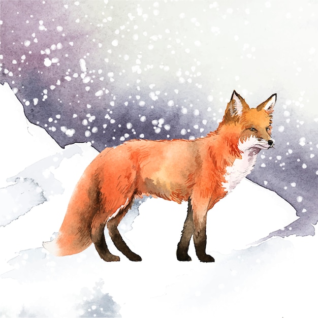 Hand-drawn fox in the snow watercolor style