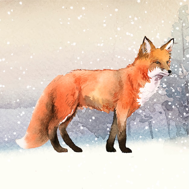 Hand-drawn fox in the snow watercolor style