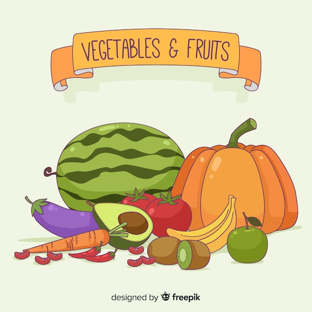 Hand drawn fresh fruit and vegetable background