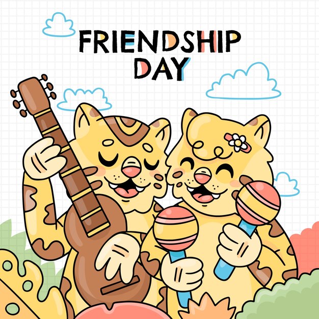 Hand drawn friendship day animals making music illustration