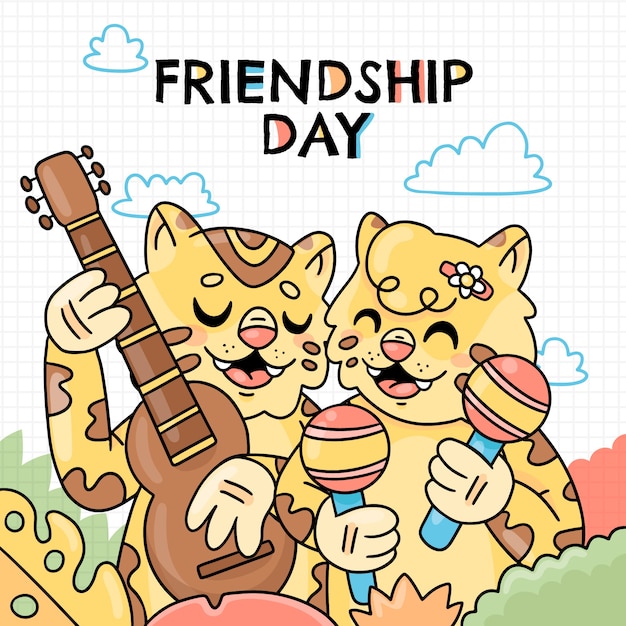 Hand drawn friendship day animals making music illustration