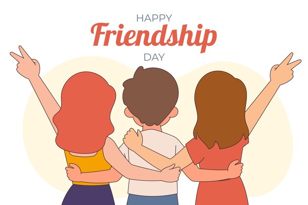 Hand drawn friendship day background with friends showing peace signs while embracing