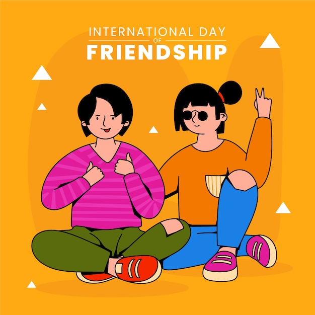 Free vector hand drawn friendship day illustration with friends showing peace sign and thumbs up