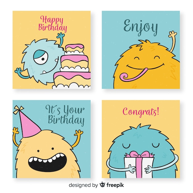 Free vector hand drawn funny birthday card collection