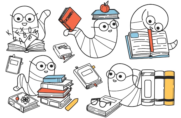 Free Vector hand drawn funny bookworms doodle set