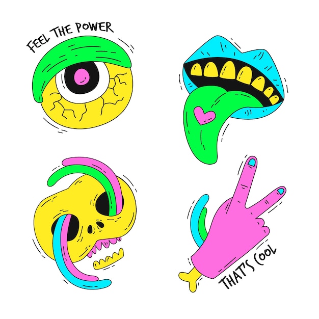 Hand drawn funny sticker collection with acid colors