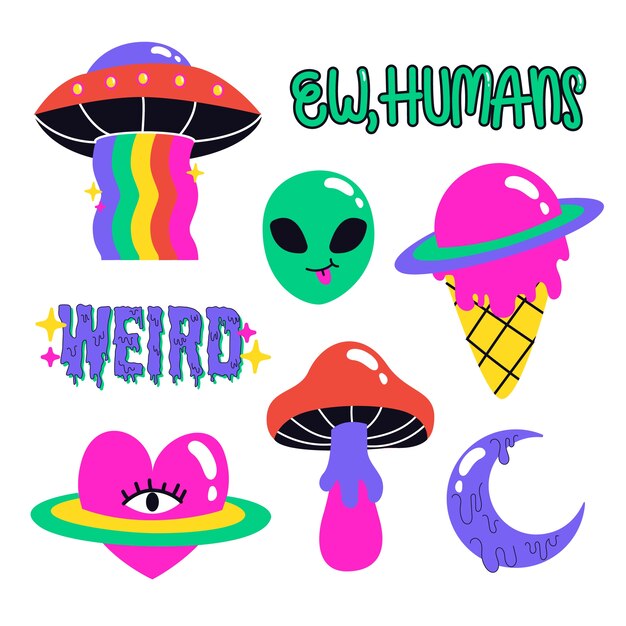 Hand drawn funny sticker collection with acid colors