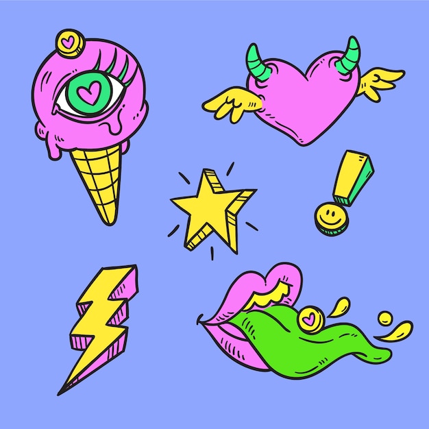 Free Vector hand drawn funny sticker collection with acid colors