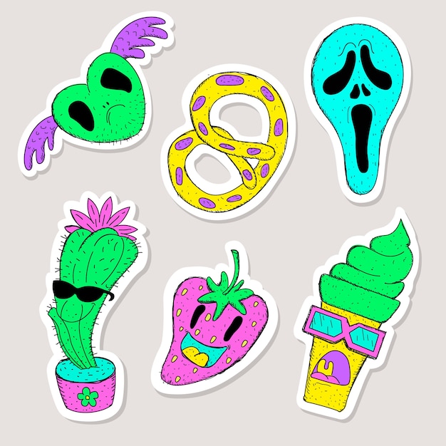 Hand drawn funny sticker collection with acid colors