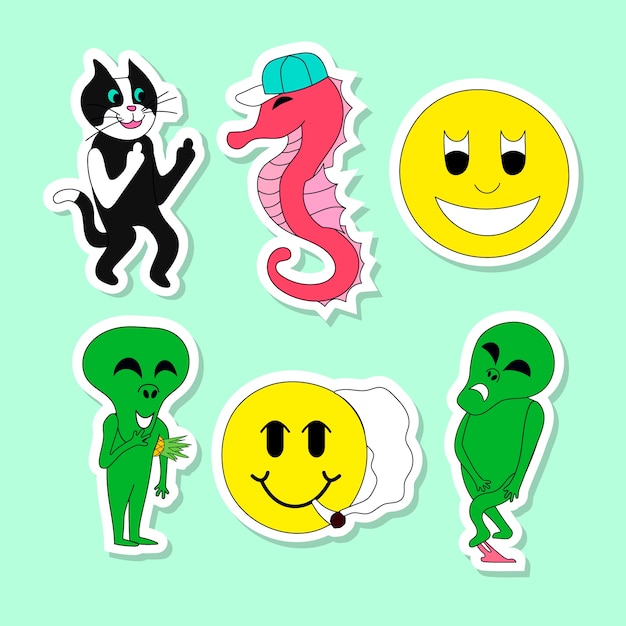 Free Vector hand drawn funny sticker collection with acid colors