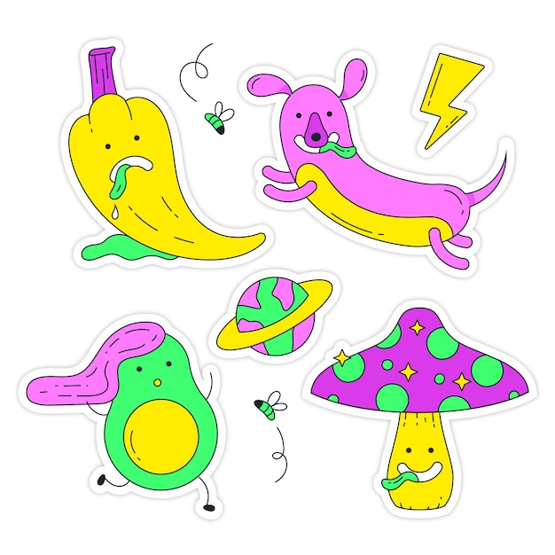 Free Vector hand-drawn funny sticker set with acid colors