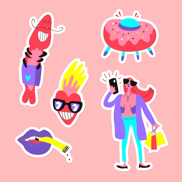 Hand-drawn funny sticker set with acid colors