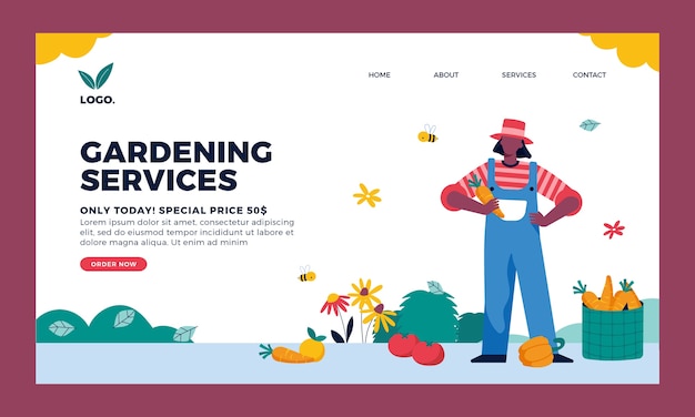 Hand drawn gardening landing page template