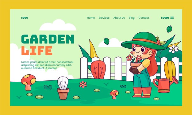 Hand drawn gardening landing page with plants