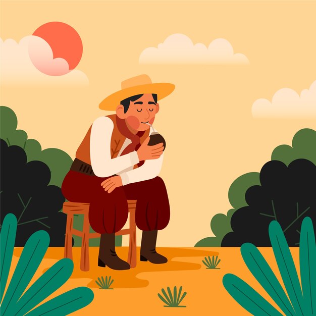 Hand drawn gaucho drinking mate illustration