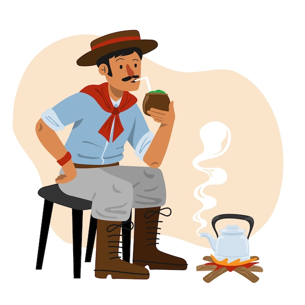 Hand drawn gaucho drinking mate illustration