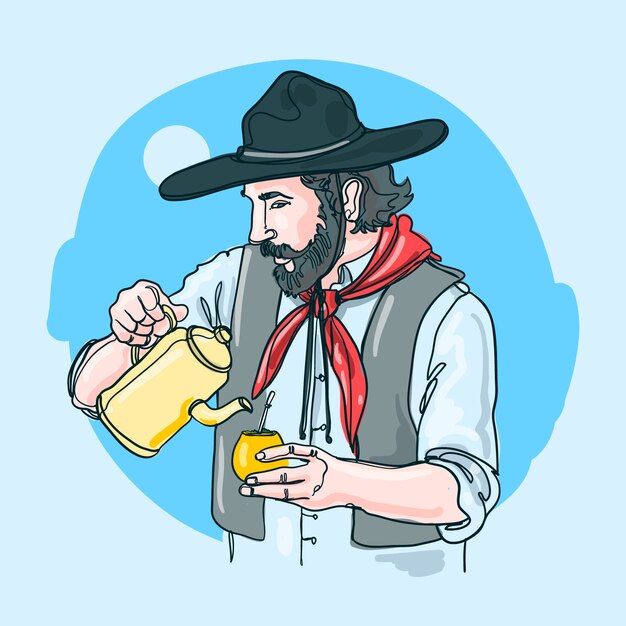 Hand drawn gaucho drinking mate illustration