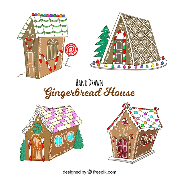 Hand drawn gingerbread houses decorated with candies and lollipops